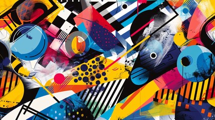 A vibrant and colorful abstract pop art background featuring bold geometric shapes and playful patterns in a dynamic composition