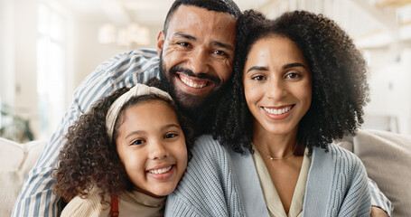 Mom, dad and child on sofa for portrait with love or care, relax and family bonding for memory or connection. Parents, girl and together for comfort or safety on weekend, hug and happiness with kid.