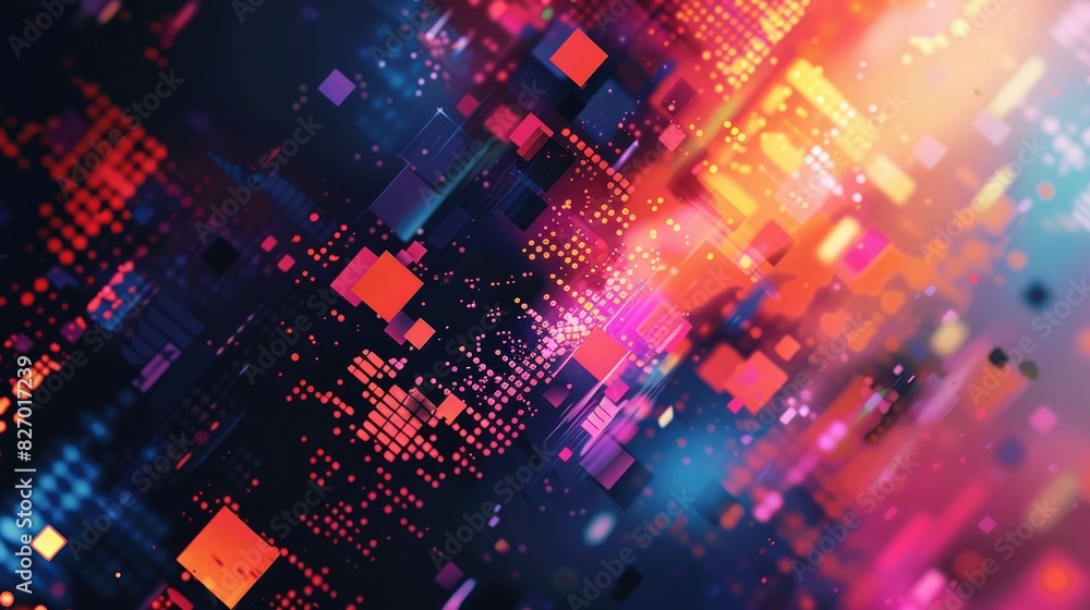 Poster an abstract background with pixelated patterns and a digital, tech-inspired feel.