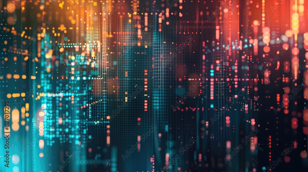 Poster an abstract background with pixelated patterns and a digital, tech-inspired feel.