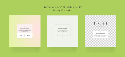 Beauty Reminder skin care social media post. Skincare Reminder From Cosmetic Shop With Online Instagram Post Template. Vector illustration.
 Skincare Reminder social media post. Beauty skin q