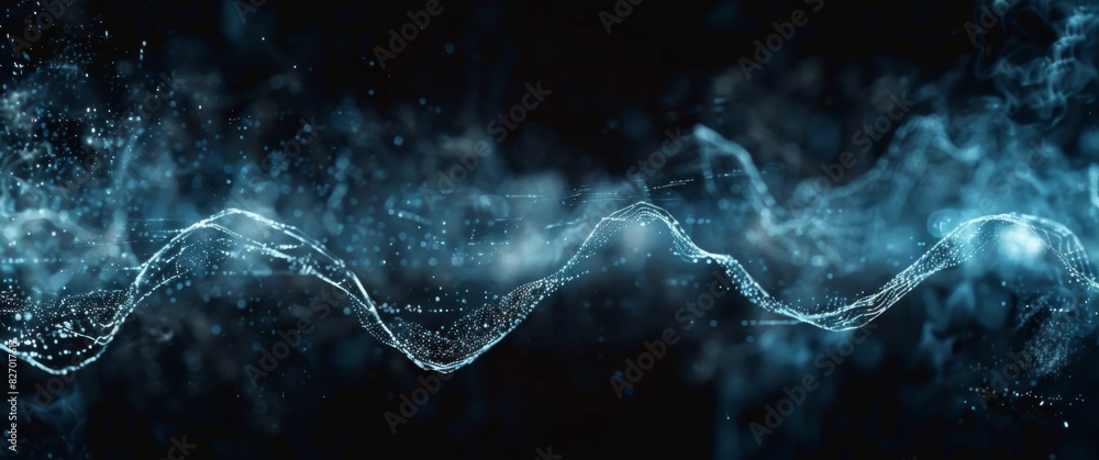 Poster blue audio wave with white noise on a black background, representing sound effects and audio visuali