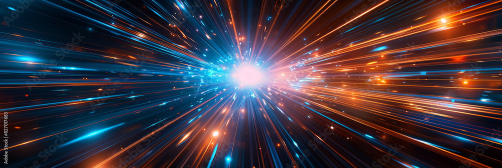 Poster abstract burst of blue and orange light rays radiating from a central point, creating a dynamic and 
