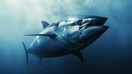 Fototapeta premium A large blue shark is swimming in the ocean