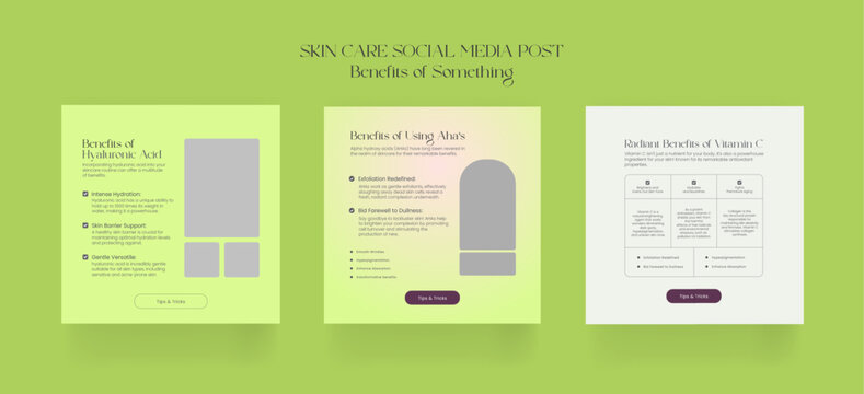  Benefits of Regular Skincare Treatments social media post. The Benefits of Combining Great Skin Care and Aesthetic Treatments. Free and customizable facial templates. EPS vector illustration.