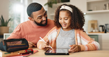 Child, tablet and dad for education, elearning and growth for future or knowledge. Father, girl student and kitchen for help, studying and support or home school for development or online assessment