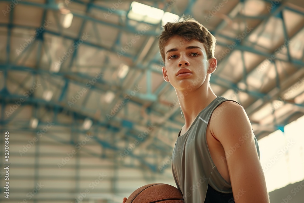 Sticker beautiful basketball teen male player holding a basket ball posing in basket sports hall