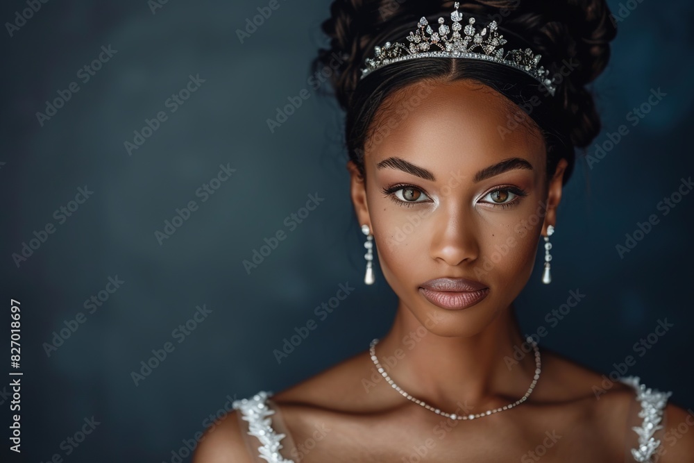 Wall mural beautiful black skin bride wearing tiara, earrings, necklace isolated on dark navy background with c