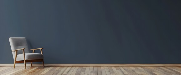 Modern interior with gray wall and wooden floor, empty room mock up with armchair on the left side of the frame ai generative
