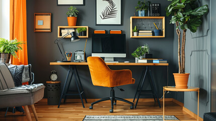 Stylish home office featuring an orange chair, wooden desk, plants, and dark walls, creating a cozy and productive environment.