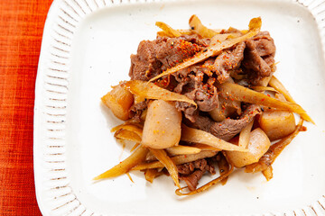 牛肉と牛蒡,蒟蒻の七味煮