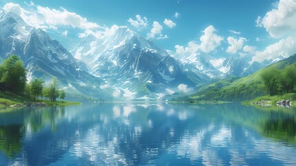 serene mountain lake with reflections of soft liquid hues