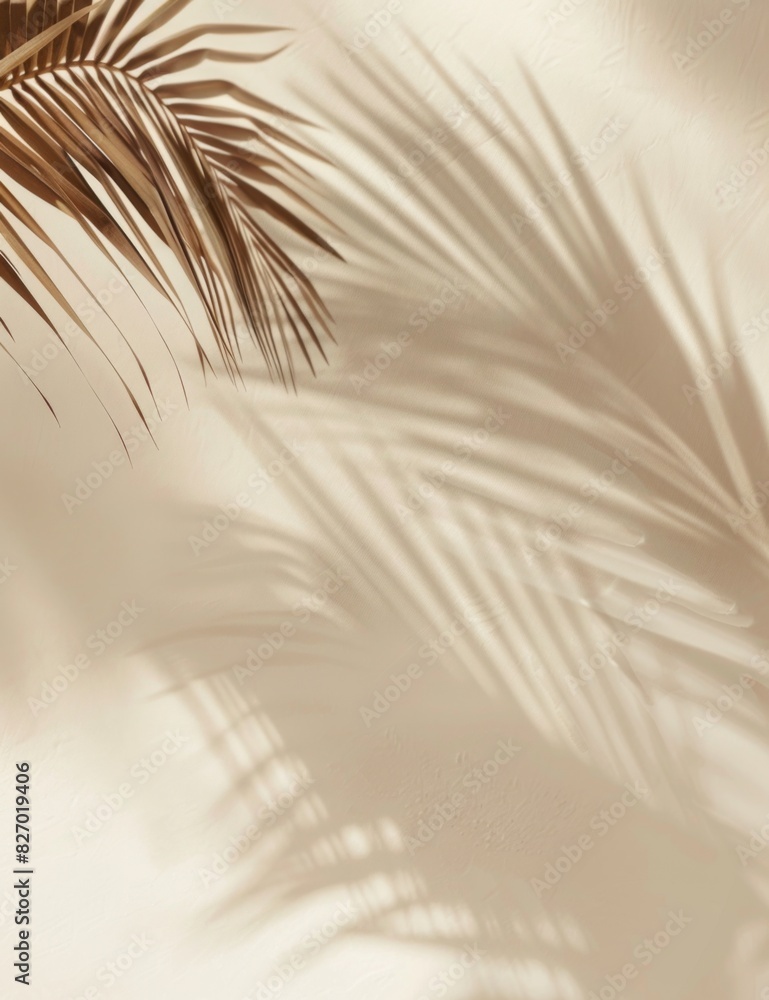 Poster light beige background with blurred palm leaf shadow in the foreground, perfect for elegant and mini