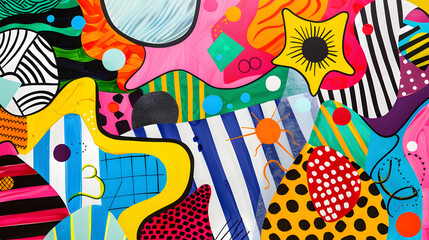 A fun and lively pop art background featuring a collage of bright colors, abstract shapes, and quirky patterns, adding a creative touch