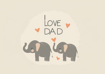 Minimalist design of an elephant and calf with heart-shaped ears, symbolizing love for dad on a Mother's Day card, featuring elegant "I LOVE DAD" text on a cream-colored background. Ideal for clipart,