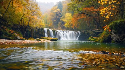 Forest River Waterfall Scenic View in Autumn