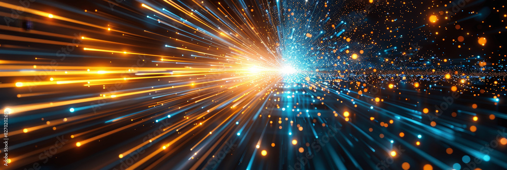 Poster abstract burst of blue and orange light rays radiating from a central point, creating a dynamic and 