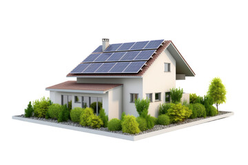 The image shows a house with solar panels on the roof