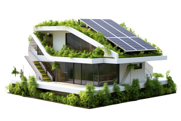 The image shows a modern house with solar panels on the roof and plants growing on the walls.