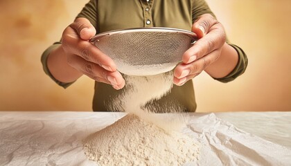 capturing the fine grains and motion Close-up of hands sifting flour through a metal sieve,
