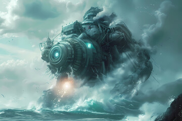 A mechanical behemoth emerging from the depths of the ocean, stirring up chaos.