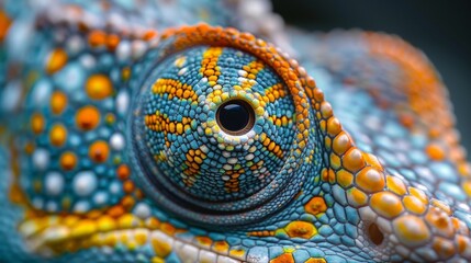 Naklejka premium Close-up of a chameleon's eye, its intricate patterns shifting and swirling as it focuses on a colorful insect