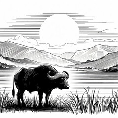 A buffalo in nature outline for coloring book Generative AI