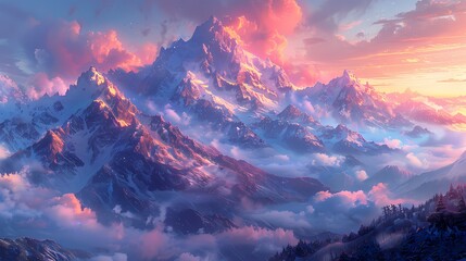 serene mountain landscape at dawn, where the sky and peaks are in soft fluffy hues of pink and blue