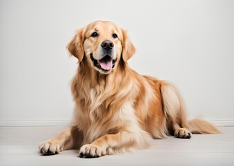 Golden Retriever dog sitting on the floor, isolated on a white background.