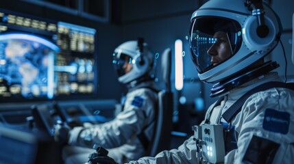 Virtual reality training simulation for astronauts, preparing them for space missions with AI guidance.