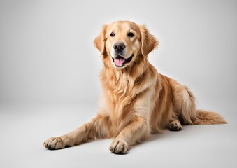 Golden Retriever dog sitting on the floor, isolated on a white background.