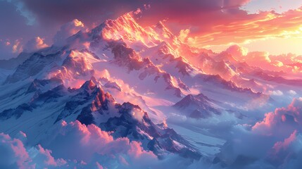 serene mountain landscape at dawn, where the sky and peaks are in soft fluffy hues of pink and blue