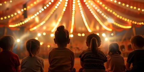 Children watching a circus show in a festive dome tent. Concept Circus Show, Festive Dome Tent, Children Audience, Entertainment, Spectacle