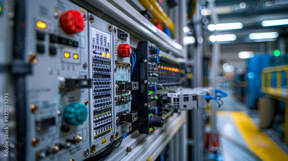 Poster detailed view of server room with various electronic components, showcasing technology and infrastru
