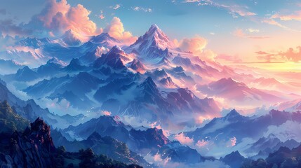 serene mountain landscape at dawn, where the sky and peaks are in soft fluffy hues of pink and blue