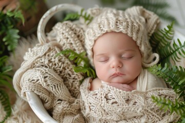 Newborn Baby Sleeping in Cozy Knitted Blanket and Hat