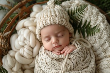 Newborn Baby Sleeping in Cozy Knitted Blanket and Hat