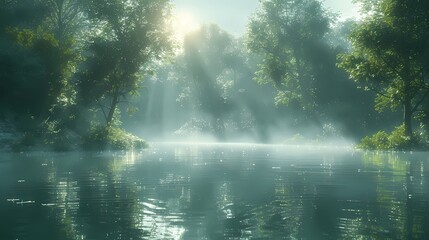 serene riverside with trees and water in soft liquid hues