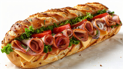 A submarine sandwich including ham turkey roast