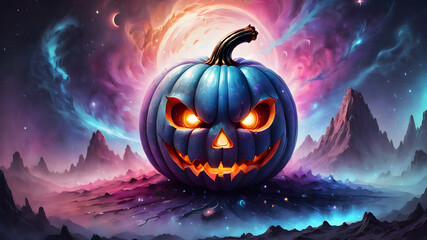 Naklejka premium Halloween pumpkin on a night space background. poster halloween celebration concept