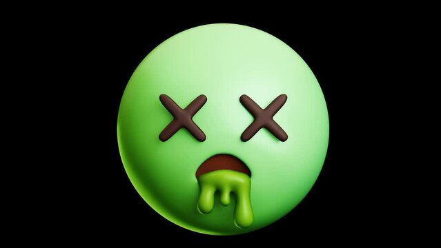 Face with crossed-out eyes .Dead face and vomit emoji, 3d emoticon animation, Alpha channel, Transparent video