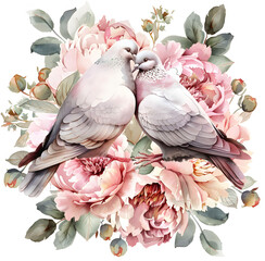 Beautiful and elegant watercolor illustration of a couple white dove wedding decoration 03