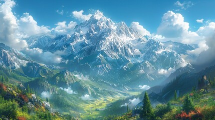 A dramatic mountain range with snow-capped peaks and a valley covered in evergreen trees.