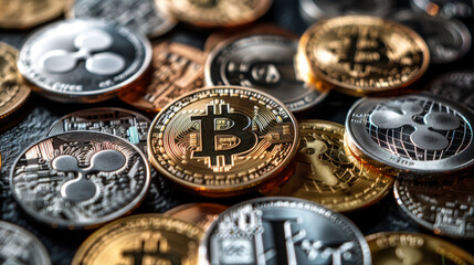 Collection of different cryptocurrency coins, including Bitcoin and Ripple, showcasing the diversity and design of digital currencies.