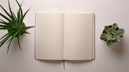 an empty notebook sits on a white surface along with a potted plant, in the style of artist's frame, AI Generative