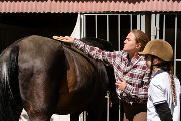 Woman brushing a dark horse with child observing near a stable.