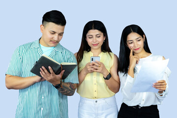 A group of copywriter friends with notepad, mobile phone, laptop giving gestures expresions and...
