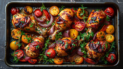 Baked vegetables and chicken drumstick in baking