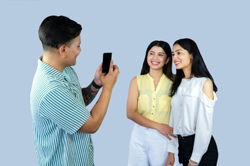 A group of copywriter friends with notepad, mobile phone, laptop giving gestures expresions and...