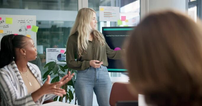 Business people, presentation and screen with speaker in office for project development, question or meeting. Diversity, employees and client raising hand for logo design, website layout or report